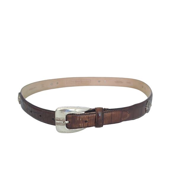 Fossil Women Large Brown Croc Embossed Cowhide Leather Belt 38" Silver buckle 96 - Picture 1 of 8